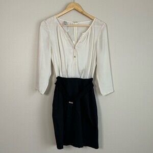 Mango Cream and Black Belted Long Sleeve Business Casual Dress Size 4